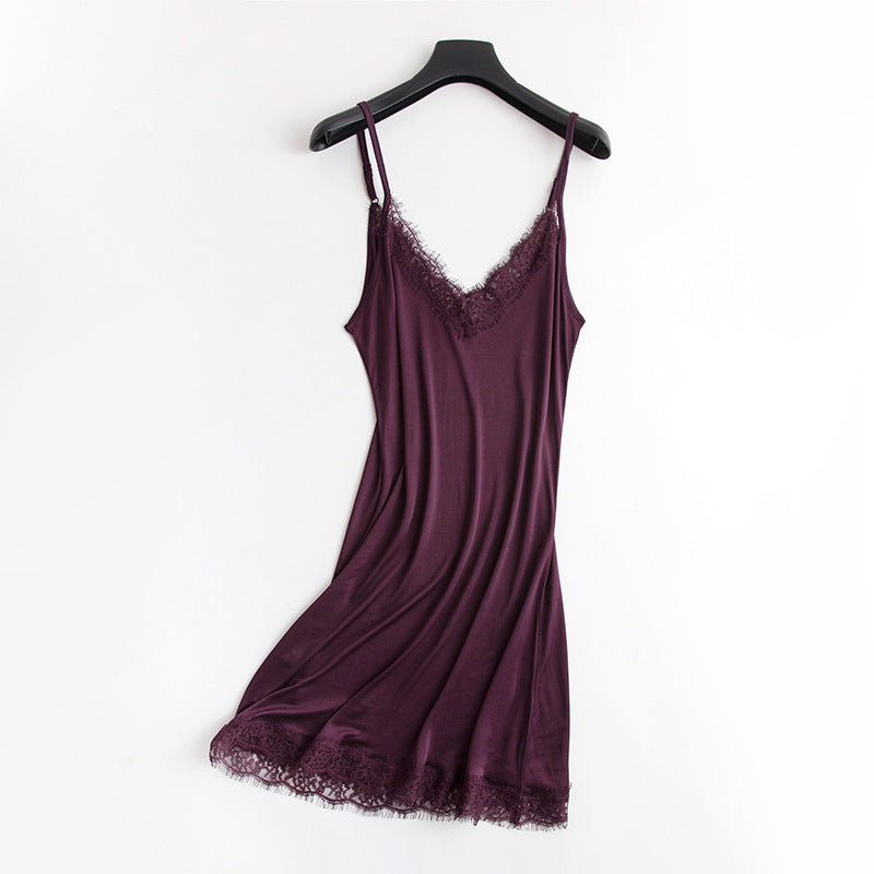 AMI LOVEU Women's Mulberry Silk Nightdress V-Neck Lace Sling Pajamas