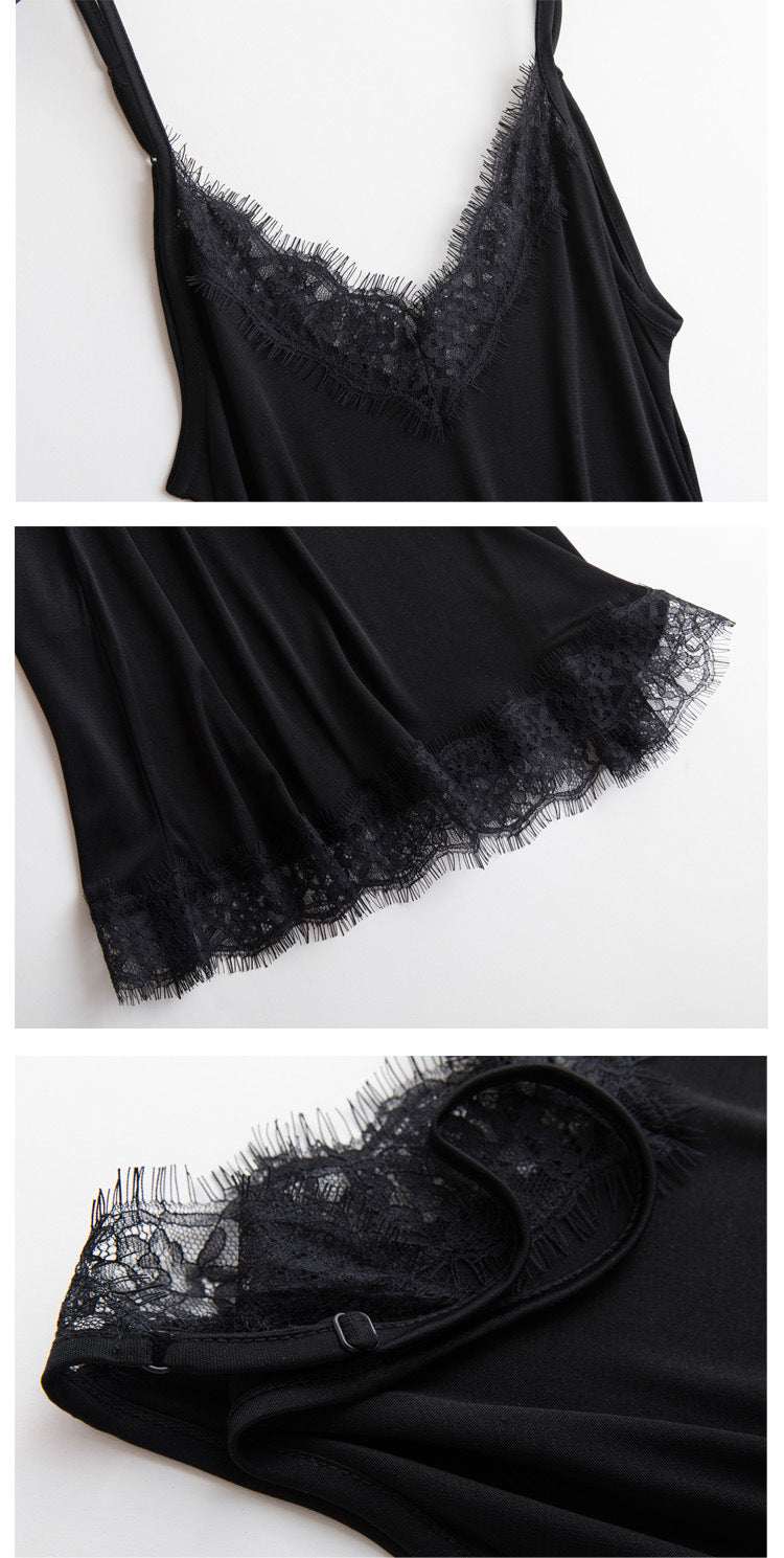 Tangge Spring and Summer Mulberry Silk Loose V-neck Lace Silk Sling Nightdress Sexy Pajamas Silk Base Petticoat