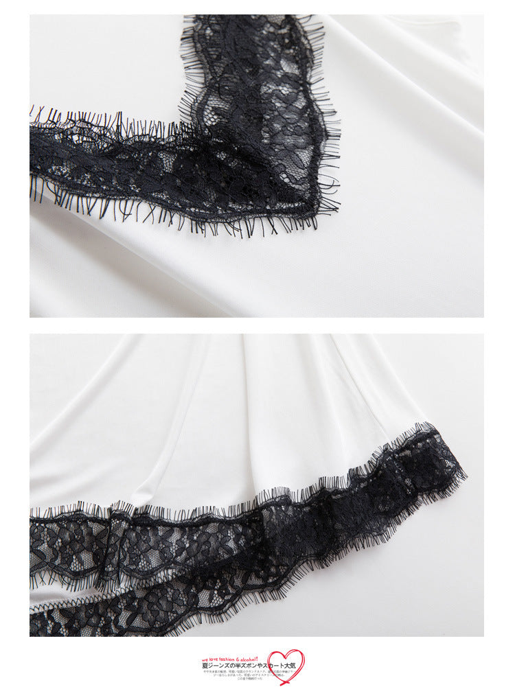 Tangge Spring and Summer Mulberry Silk Loose V-neck Lace Silk Sling Nightdress Sexy Pajamas Silk Base Petticoat