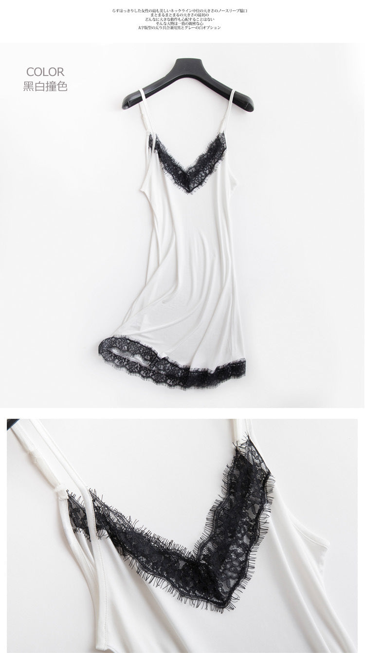 Tangge Spring and Summer Mulberry Silk Loose V-neck Lace Silk Sling Nightdress Sexy Pajamas Silk Base Petticoat