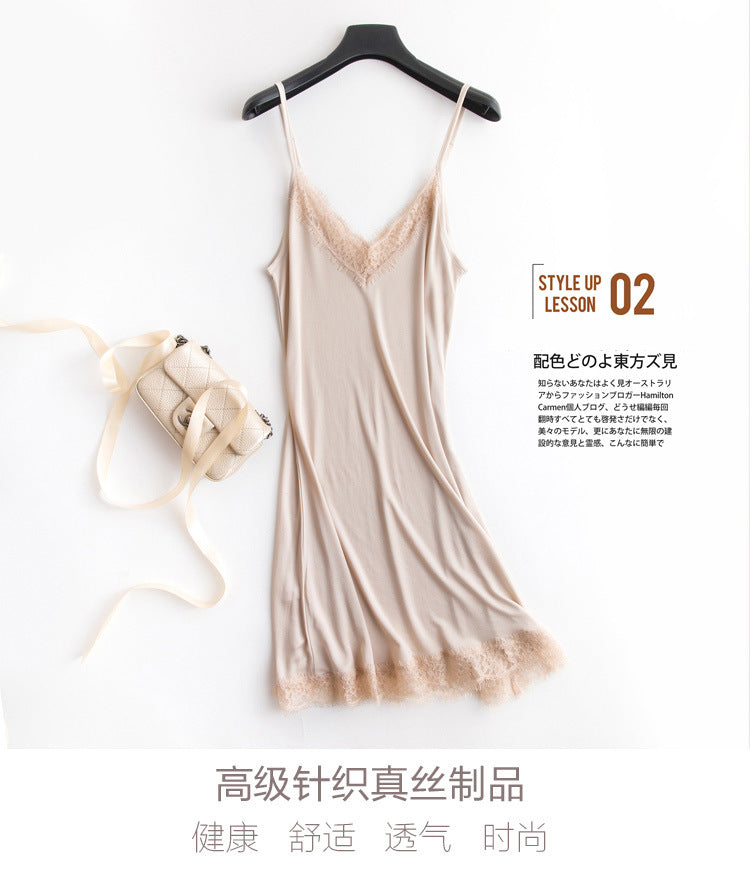 Tangge Spring and Summer Mulberry Silk Loose V-neck Lace Silk Sling Nightdress Sexy Pajamas Silk Base Petticoat