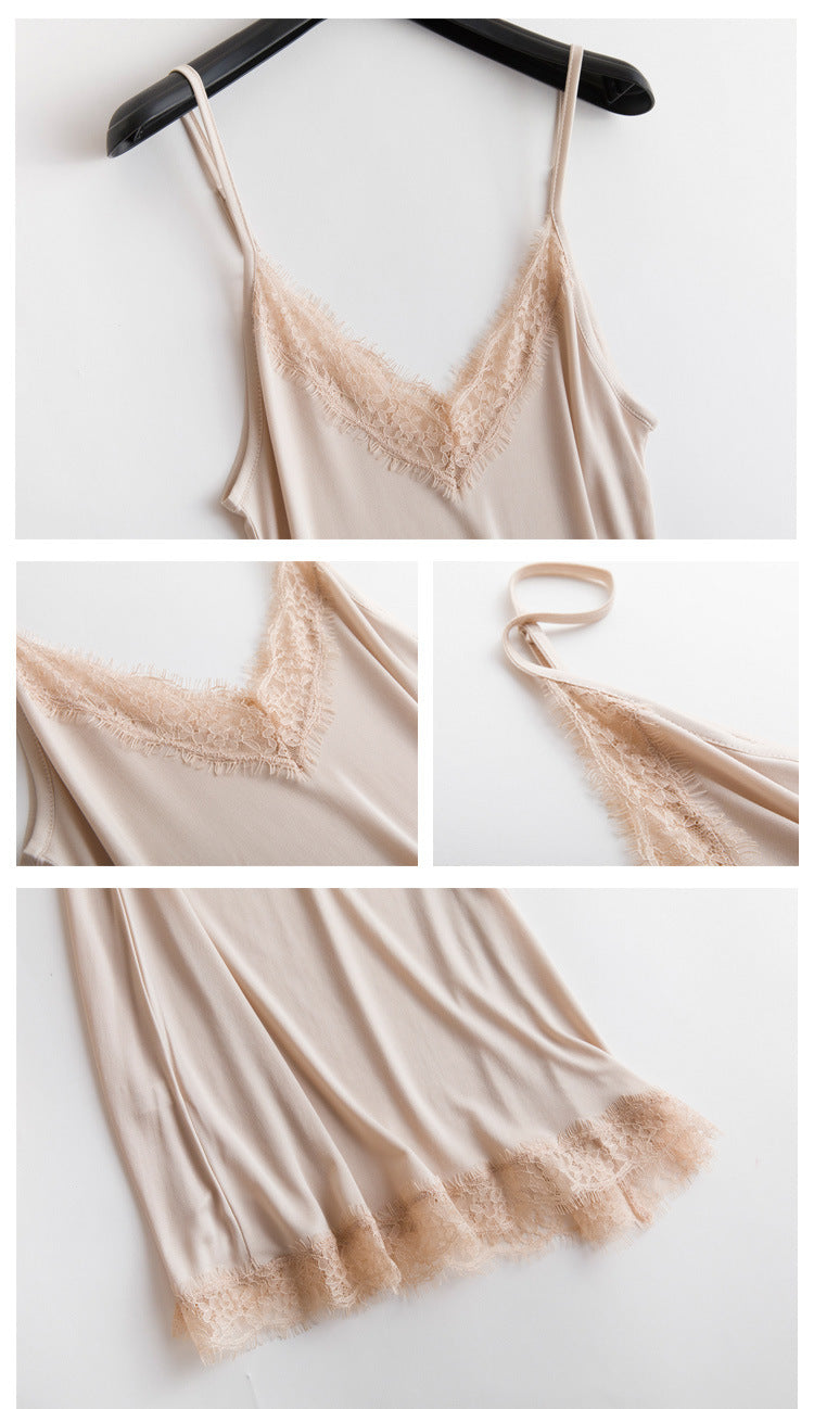 Tangge Spring and Summer Mulberry Silk Loose V-neck Lace Silk Sling Nightdress Sexy Pajamas Silk Base Petticoat