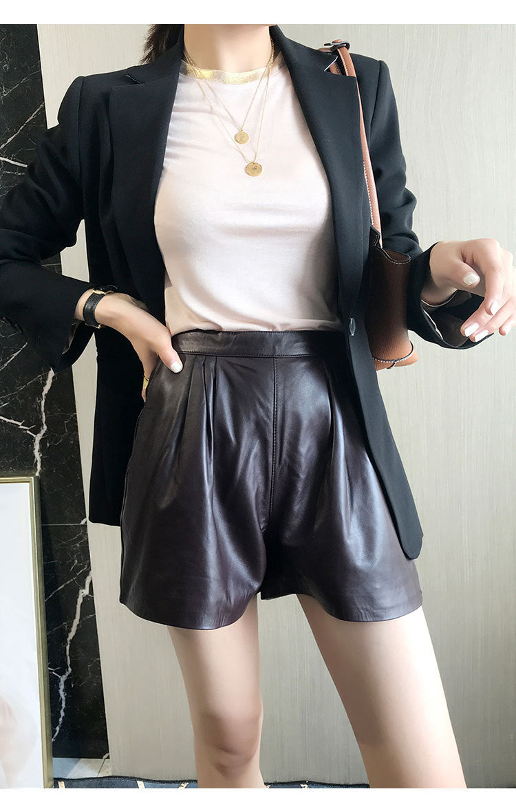 Cool Lambskin Straight-Leg Shorts in Dark Burgundy Sheepskin with Semi-Elastic Waist, Pleated Pockets, Casual Genuine Sheepskin Boot Shorts