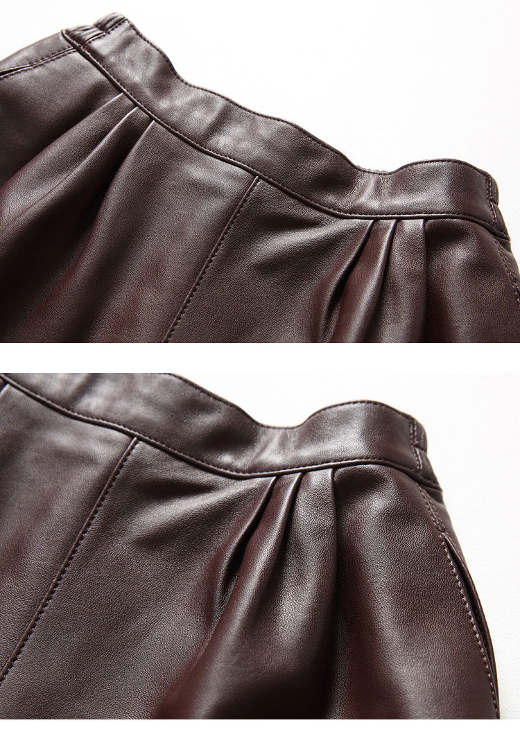Cool Lambskin Straight-Leg Shorts in Dark Burgundy Sheepskin with Semi-Elastic Waist, Pleated Pockets, Casual Genuine Sheepskin Boot Shorts