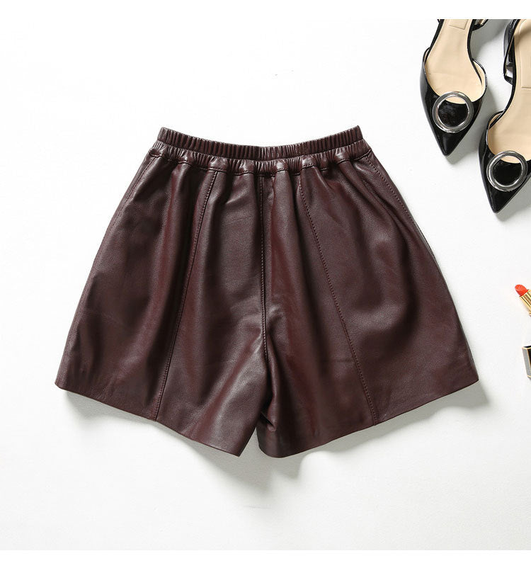 Cool Lambskin Straight-Leg Shorts in Dark Burgundy Sheepskin with Semi-Elastic Waist, Pleated Pockets, Casual Genuine Sheepskin Boot Shorts