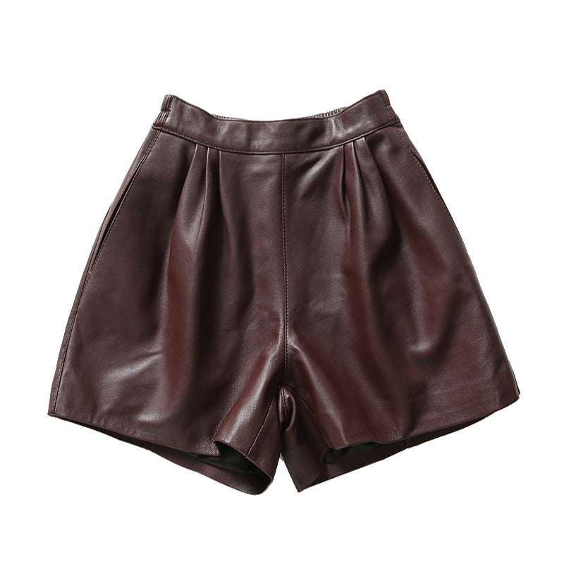 Cool Lambskin Straight-Leg Shorts in Dark Burgundy Sheepskin with Semi-Elastic Waist, Pleated Pockets, Casual Genuine Sheepskin Boot Shorts