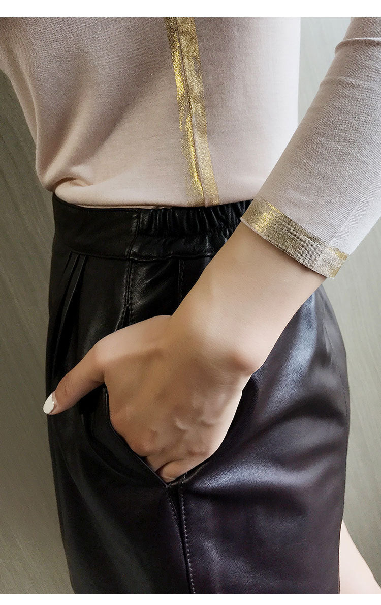 Cool Lambskin Straight-Leg Shorts in Dark Burgundy Sheepskin with Semi-Elastic Waist, Pleated Pockets, Casual Genuine Sheepskin Boot Shorts