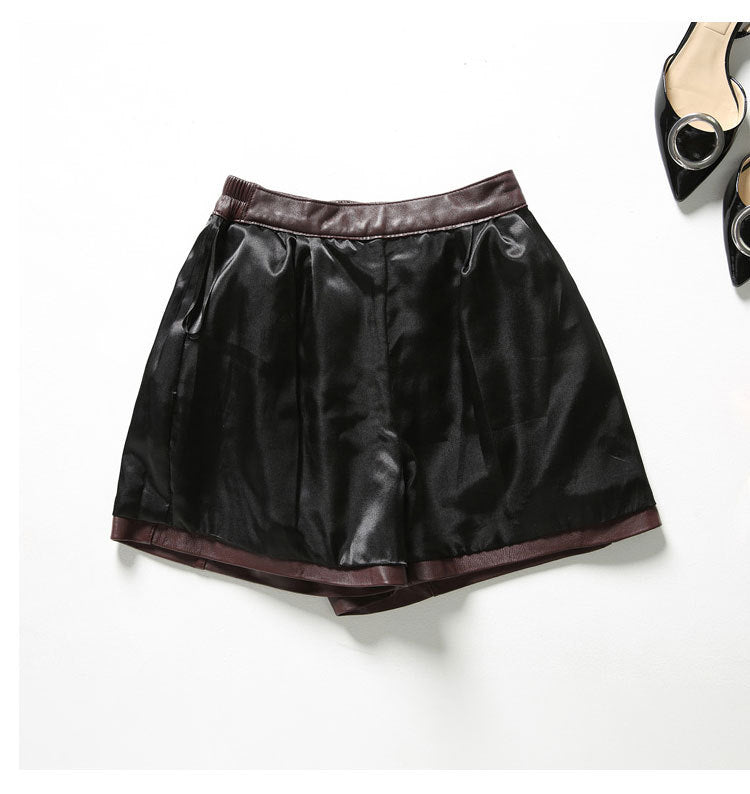 Cool Lambskin Straight-Leg Shorts in Dark Burgundy Sheepskin with Semi-Elastic Waist, Pleated Pockets, Casual Genuine Sheepskin Boot Shorts