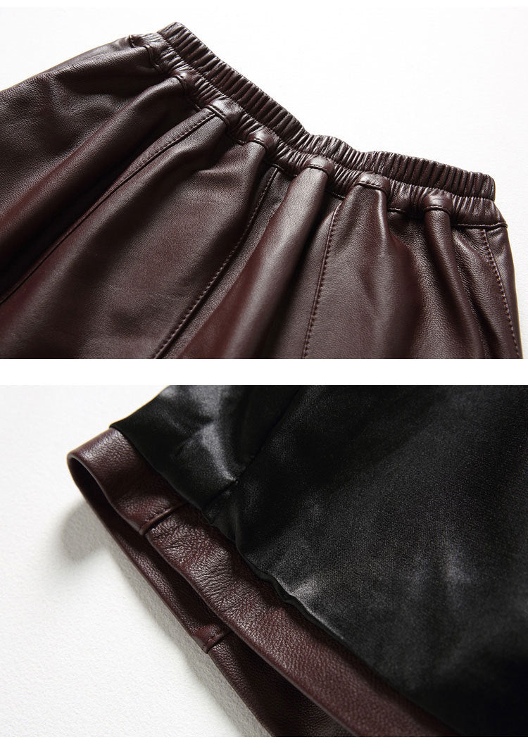 Cool Lambskin Straight-Leg Shorts in Dark Burgundy Sheepskin with Semi-Elastic Waist, Pleated Pockets, Casual Genuine Sheepskin Boot Shorts