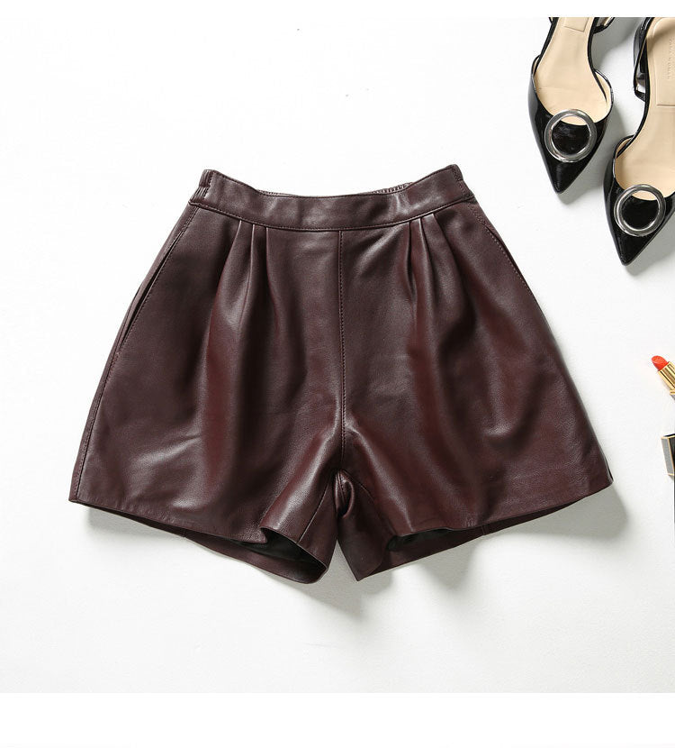 Cool Lambskin Straight-Leg Shorts in Dark Burgundy Sheepskin with Semi-Elastic Waist, Pleated Pockets, Casual Genuine Sheepskin Boot Shorts