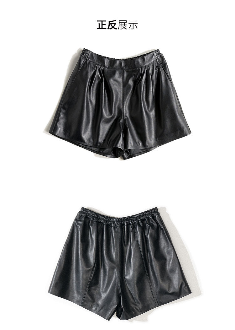 Cool Lambskin Straight-Leg Shorts in Dark Burgundy Sheepskin with Semi-Elastic Waist, Pleated Pockets, Casual Genuine Sheepskin Boot Shorts
