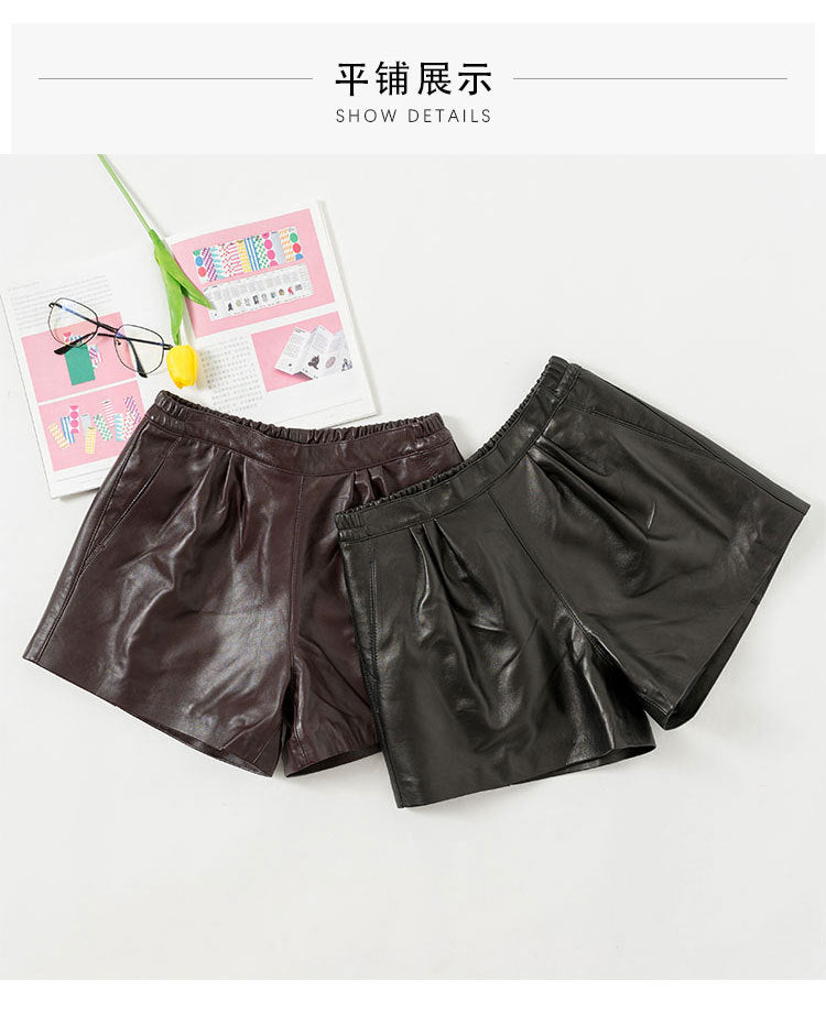 Cool Lambskin Straight-Leg Shorts in Dark Burgundy Sheepskin with Semi-Elastic Waist, Pleated Pockets, Casual Genuine Sheepskin Boot Shorts