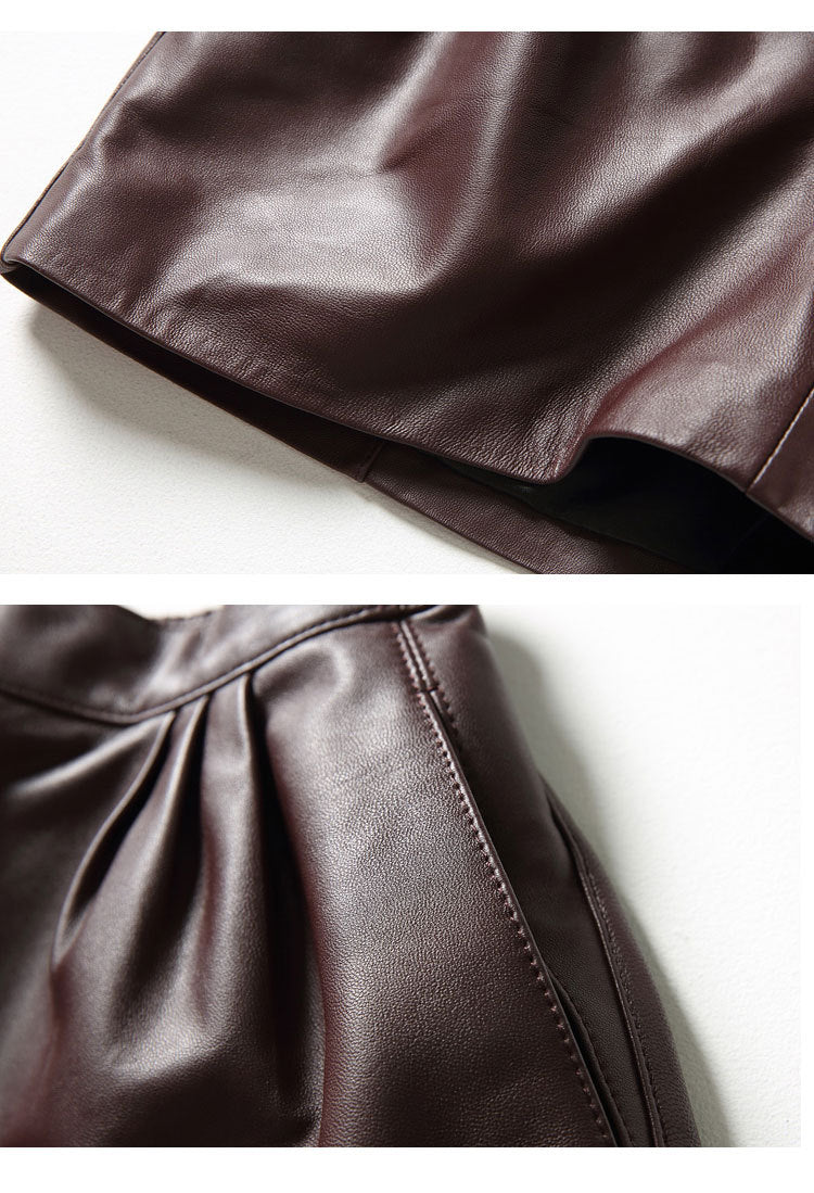 Cool Lambskin Straight-Leg Shorts in Dark Burgundy Sheepskin with Semi-Elastic Waist, Pleated Pockets, Casual Genuine Sheepskin Boot Shorts