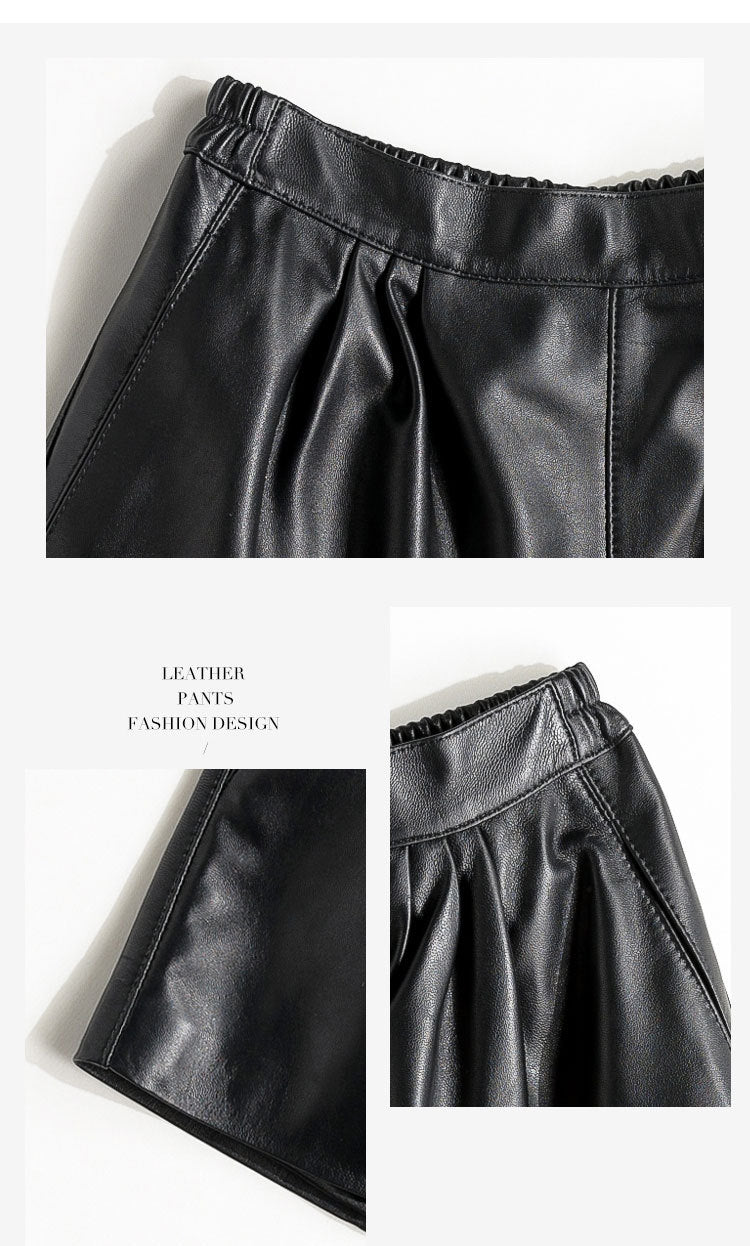 Cool Lambskin Straight-Leg Shorts in Dark Burgundy Sheepskin with Semi-Elastic Waist, Pleated Pockets, Casual Genuine Sheepskin Boot Shorts