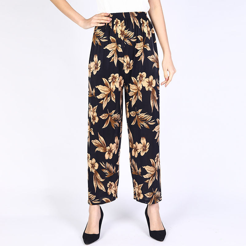 Cross-Border Popular Summer Women's Ice Silk Pants for Middle-Aged and Elderly, Loose Casual Home Pants, Elastic Plus-Size Pants for Square Dancing