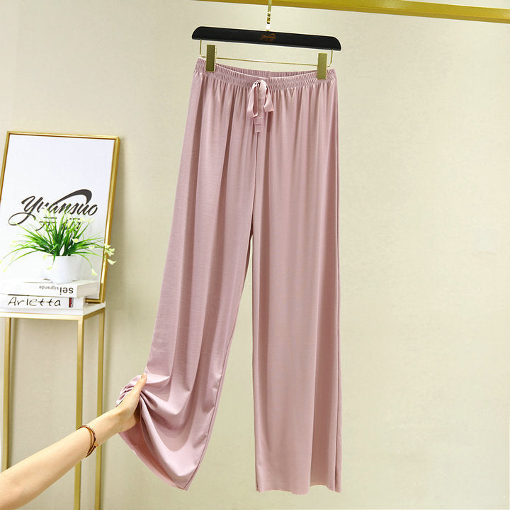 Korean style high waist drawstring lace-up ice silk seamless straight slimming wide-leg pants summer thin draping casual trousers