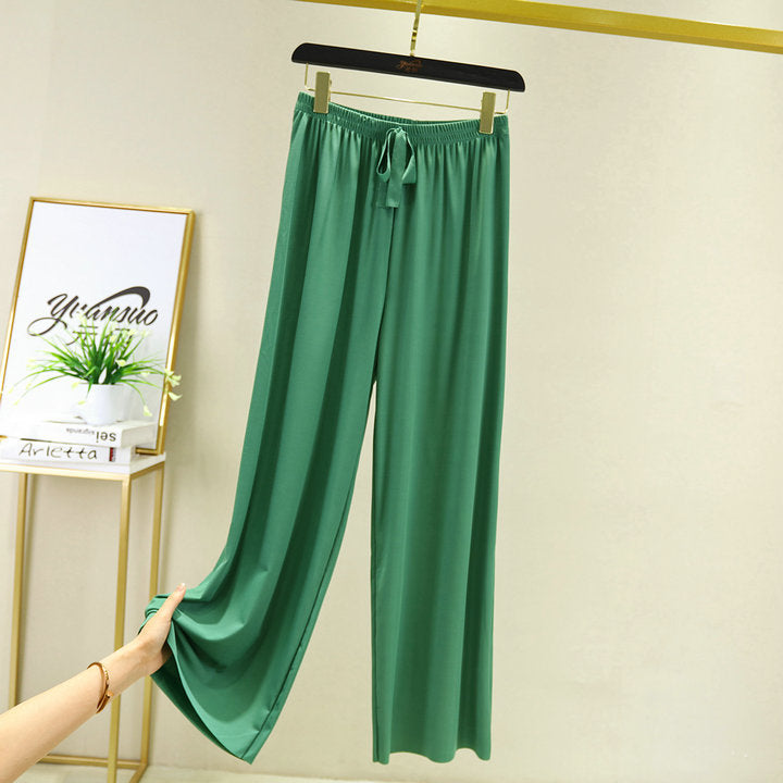 Korean style high waist drawstring lace-up ice silk seamless straight slimming wide-leg pants summer thin draping casual trousers