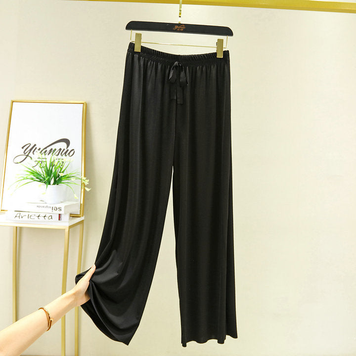 Korean style high waist drawstring lace-up ice silk seamless straight slimming wide-leg pants summer thin draping casual trousers