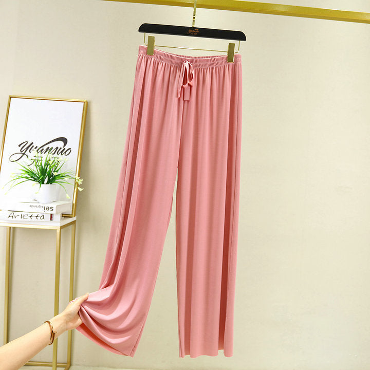 Korean style high waist drawstring lace-up ice silk seamless straight slimming wide-leg pants summer thin draping casual trousers
