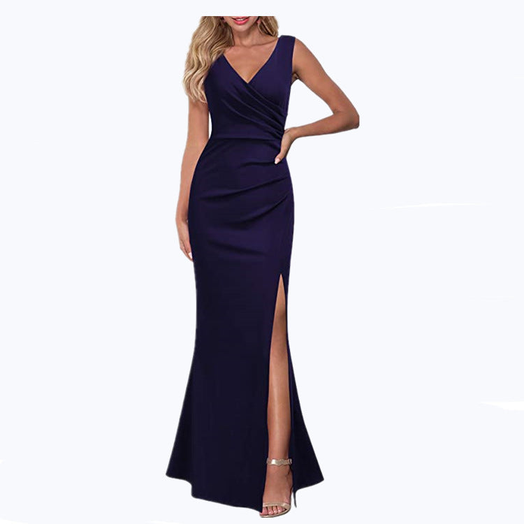2024 Cross-Border Women's Sleeveless V Neck Slit Evening Dress Cocktail Party Dress