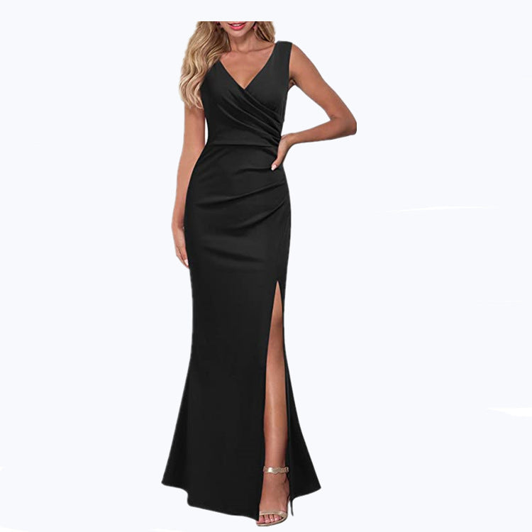 2024 Cross-Border Women's Sleeveless V Neck Slit Evening Dress Cocktail Party Dress