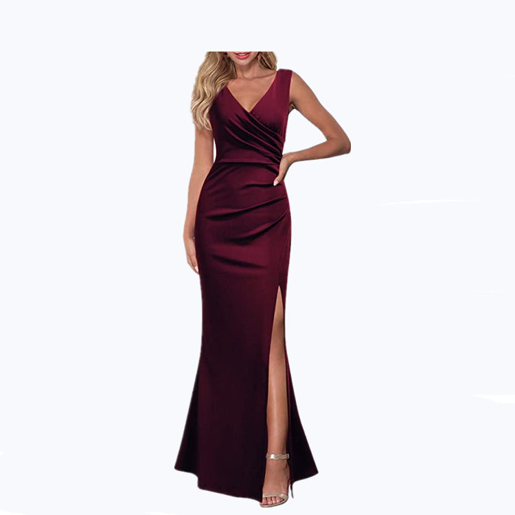 2024 Cross-Border Women's Sleeveless V Neck Slit Evening Dress Cocktail Party Dress