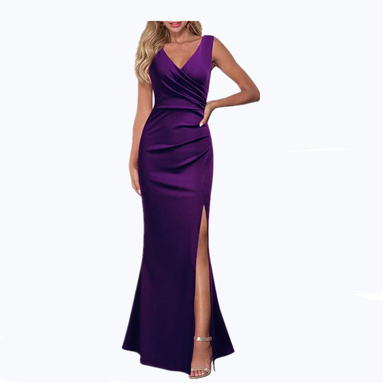 2024 Cross-Border Women's Sleeveless V Neck Slit Evening Dress Cocktail Party Dress