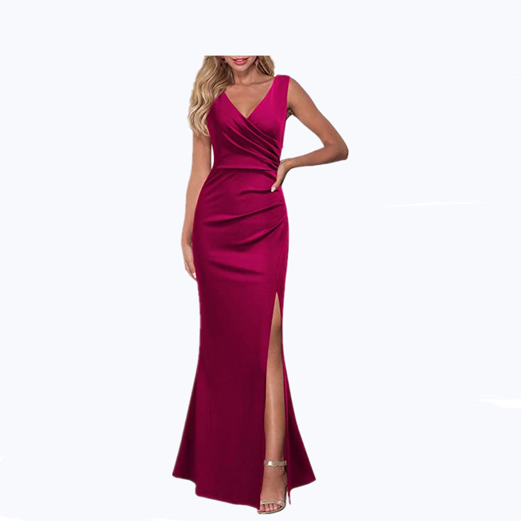 2024 Cross-Border Women's Sleeveless V Neck Slit Evening Dress Cocktail Party Dress