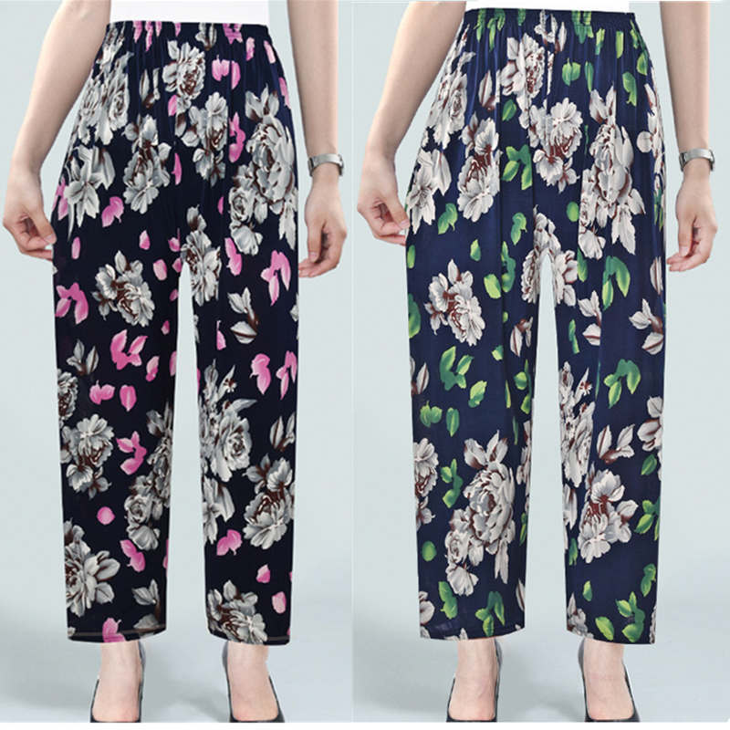 Cross-Border Popular Summer Women's Ice Silk Pants for Middle-Aged and Elderly, Loose Casual Home Pants, Elastic Plus-Size Pants for Square Dancing