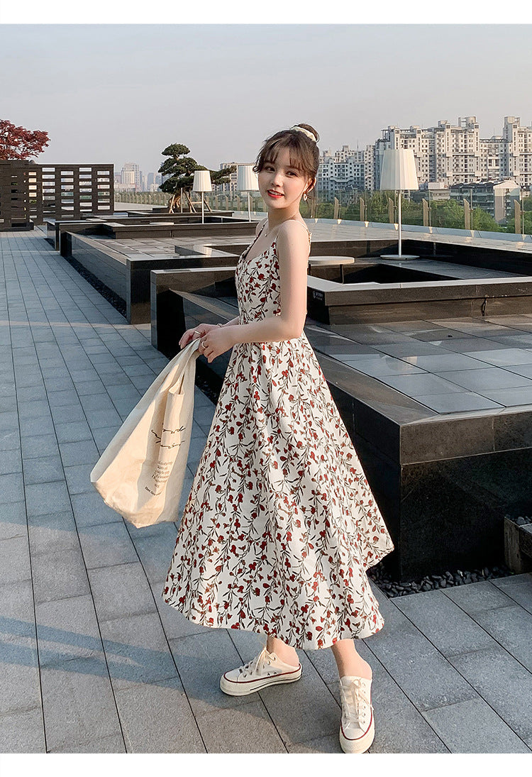Floral strap dress women's waist slimming summer small fresh 2024 new long skirt foreign trade women's wholesale