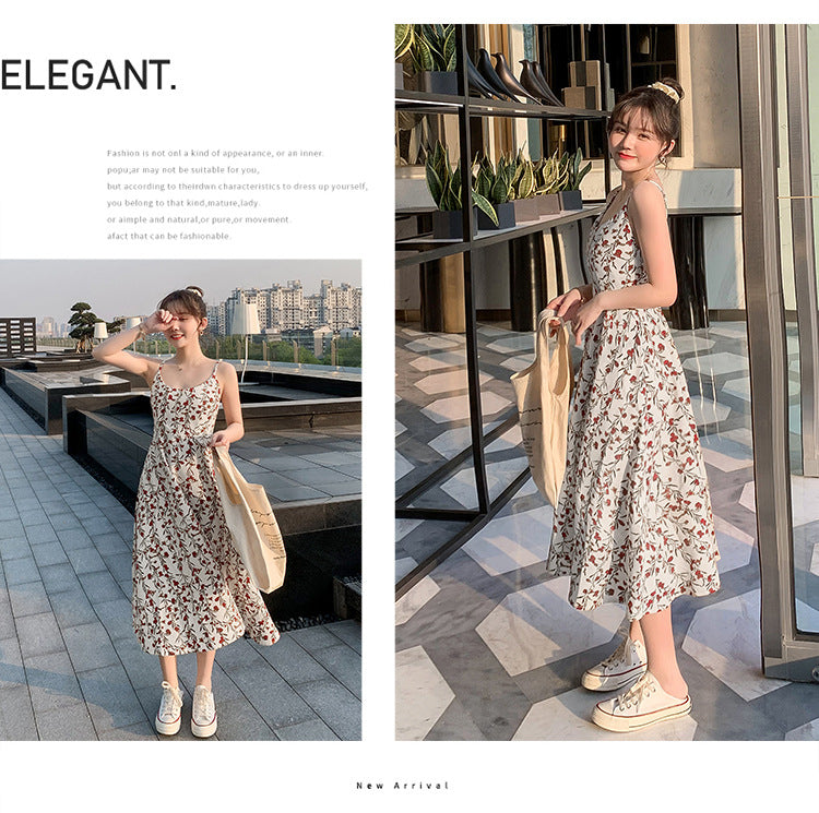 Floral strap dress women's waist slimming summer small fresh 2024 new long skirt foreign trade women's wholesale