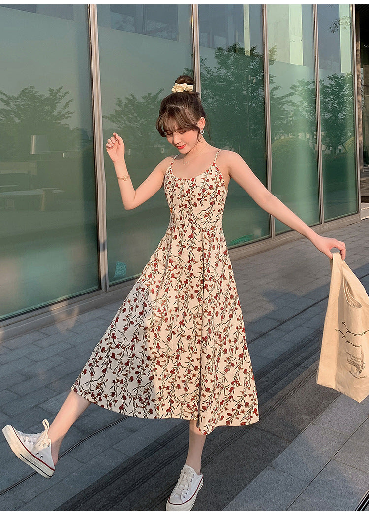 Floral strap dress women's waist slimming summer small fresh 2024 new long skirt foreign trade women's wholesale