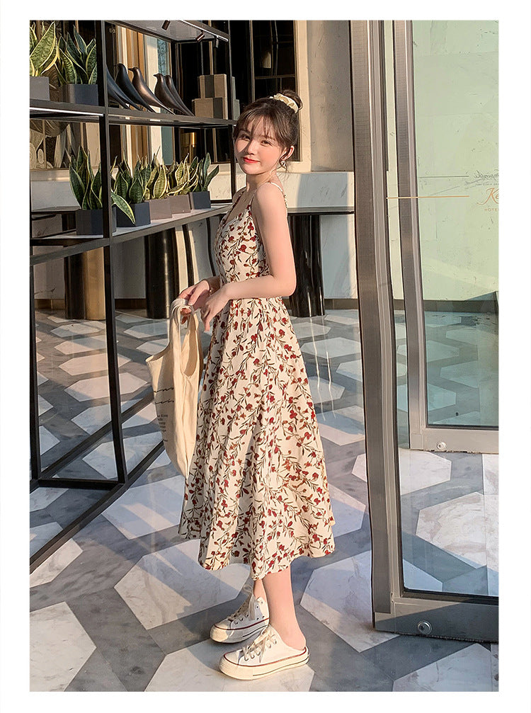 Floral strap dress women's waist slimming summer small fresh 2024 new long skirt foreign trade women's wholesale