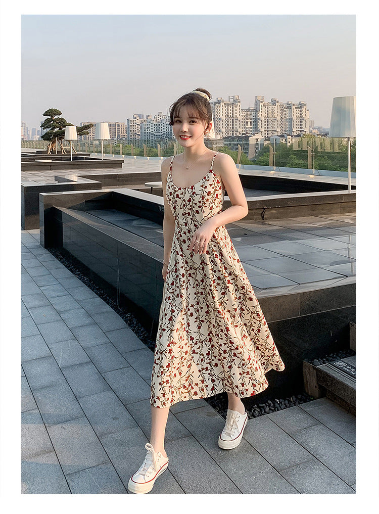 Floral strap dress women's waist slimming summer small fresh 2024 new long skirt foreign trade women's wholesale