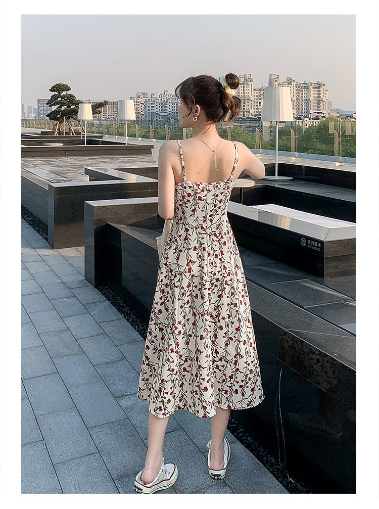 Floral strap dress women's waist slimming summer small fresh 2024 new long skirt foreign trade women's wholesale