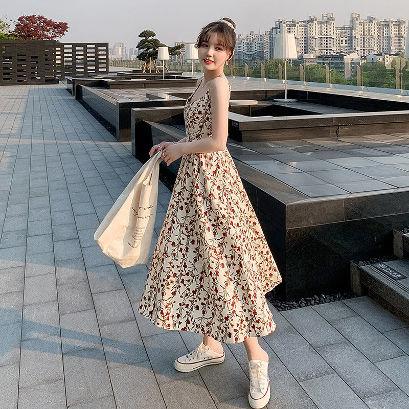 Floral strap dress women's waist slimming summer small fresh 2024 new long skirt foreign trade women's wholesale