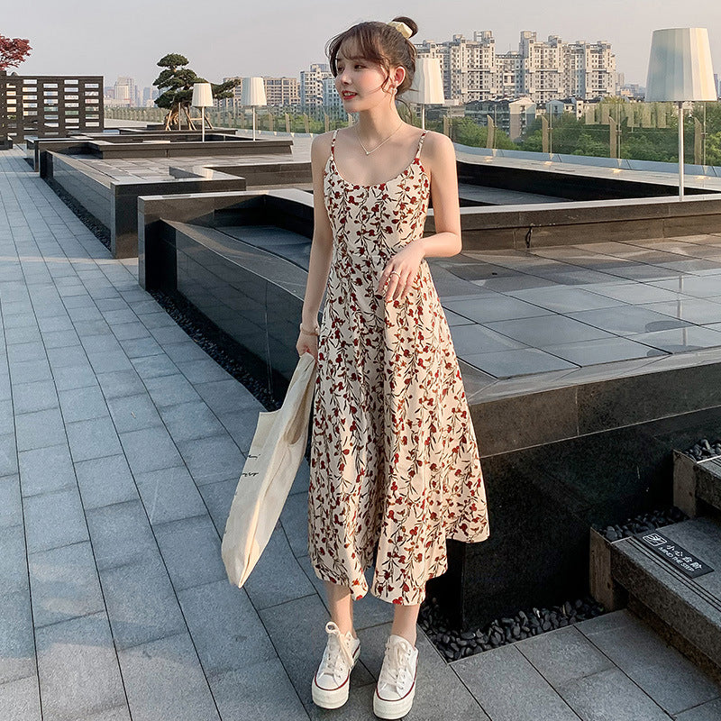 Floral strap dress women's waist slimming summer small fresh 2024 new long skirt foreign trade women's wholesale