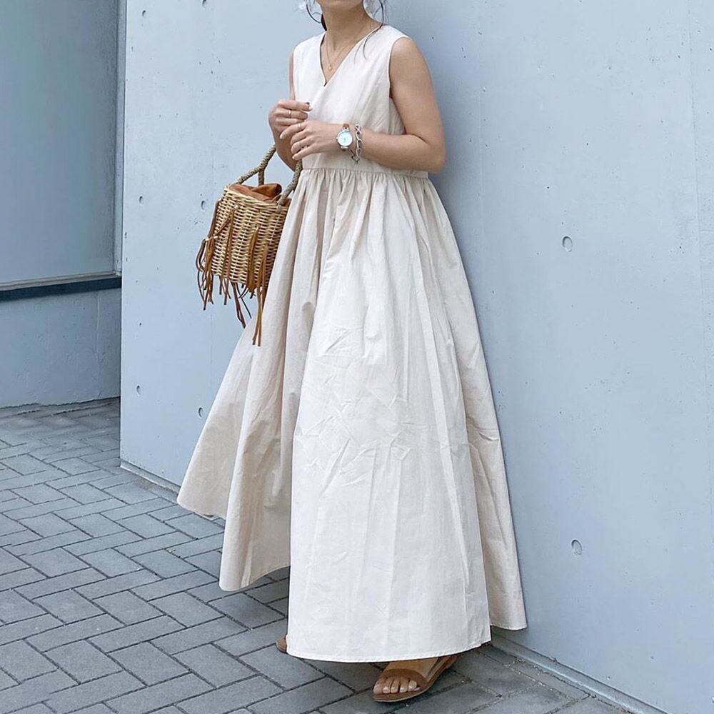 In-Stock Korean 2026 Season New Style Loose Sleeveless Dress with a Large Hem, Slimming Mid-Length Dress with Patchwork Design