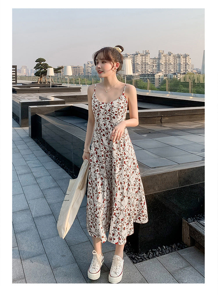Floral strap dress women's waist slimming summer small fresh 2024 new long skirt foreign trade women's wholesale