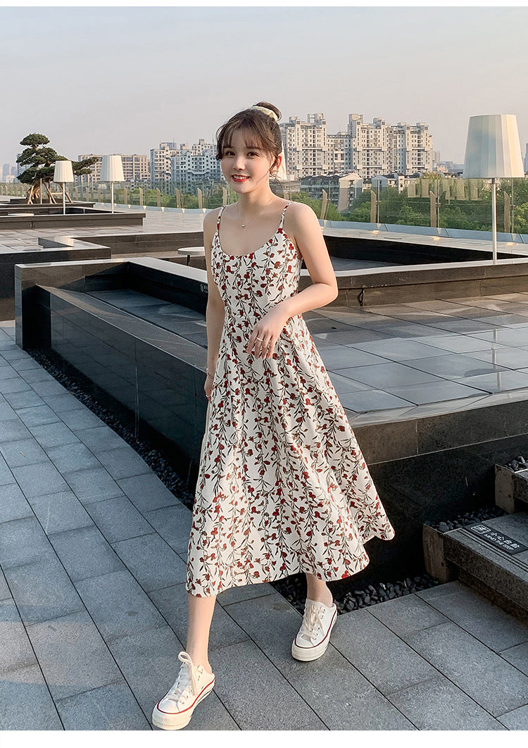 Floral strap dress women's waist slimming summer small fresh 2024 new long skirt foreign trade women's wholesale