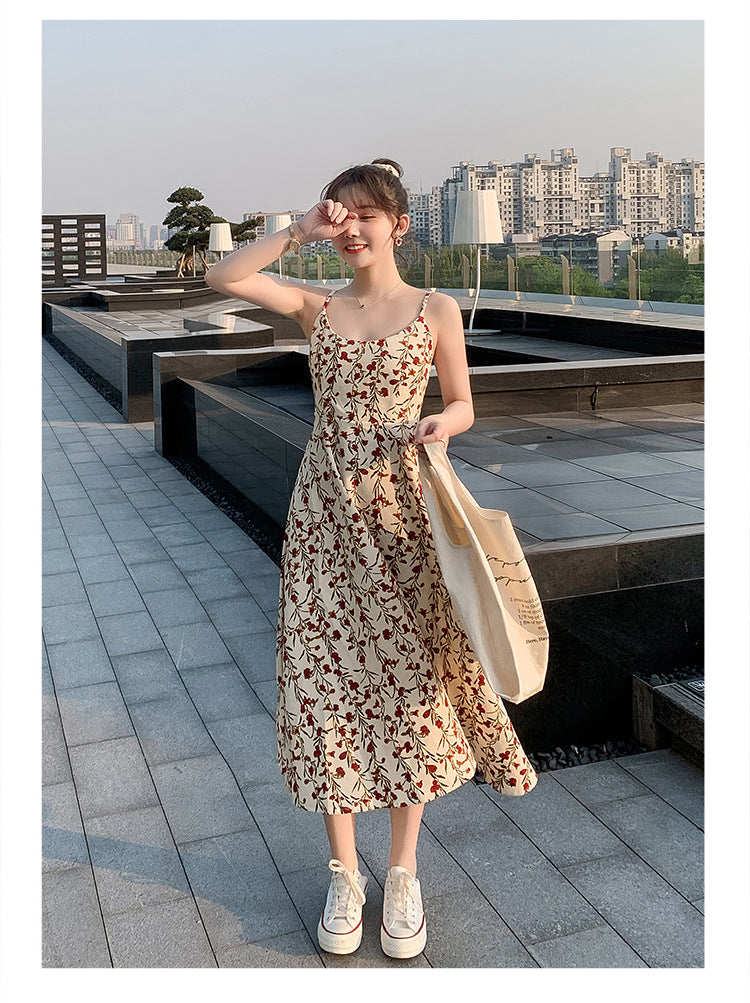 Floral strap dress women's waist slimming summer small fresh 2024 new long skirt foreign trade women's wholesale