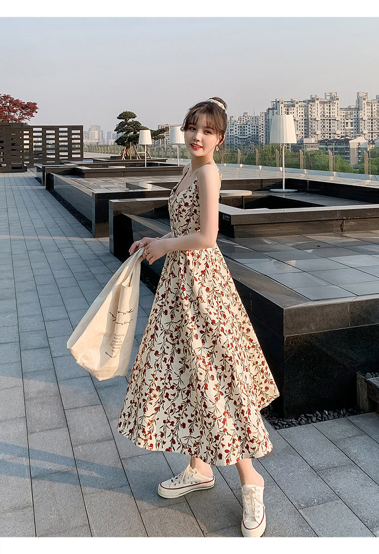 Floral strap dress women's waist slimming summer small fresh 2024 new long skirt foreign trade women's wholesale