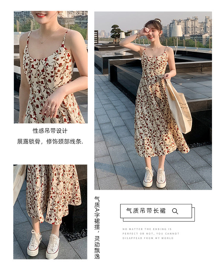 Floral strap dress women's waist slimming summer small fresh 2024 new long skirt foreign trade women's wholesale