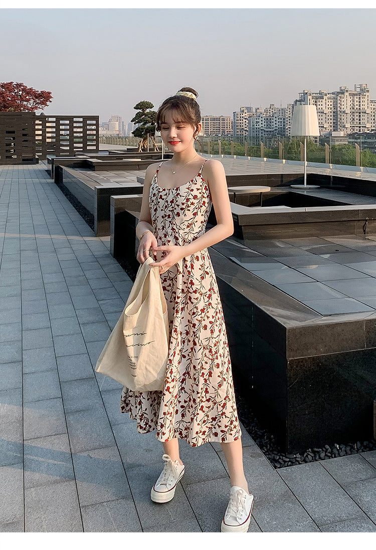 Floral strap dress women's waist slimming summer small fresh 2024 new long skirt foreign trade women's wholesale