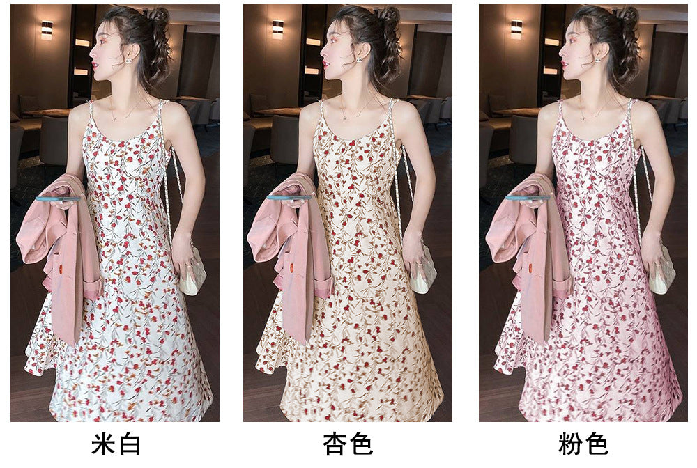 Floral strap dress women's waist slimming summer small fresh 2024 new long skirt foreign trade women's wholesale