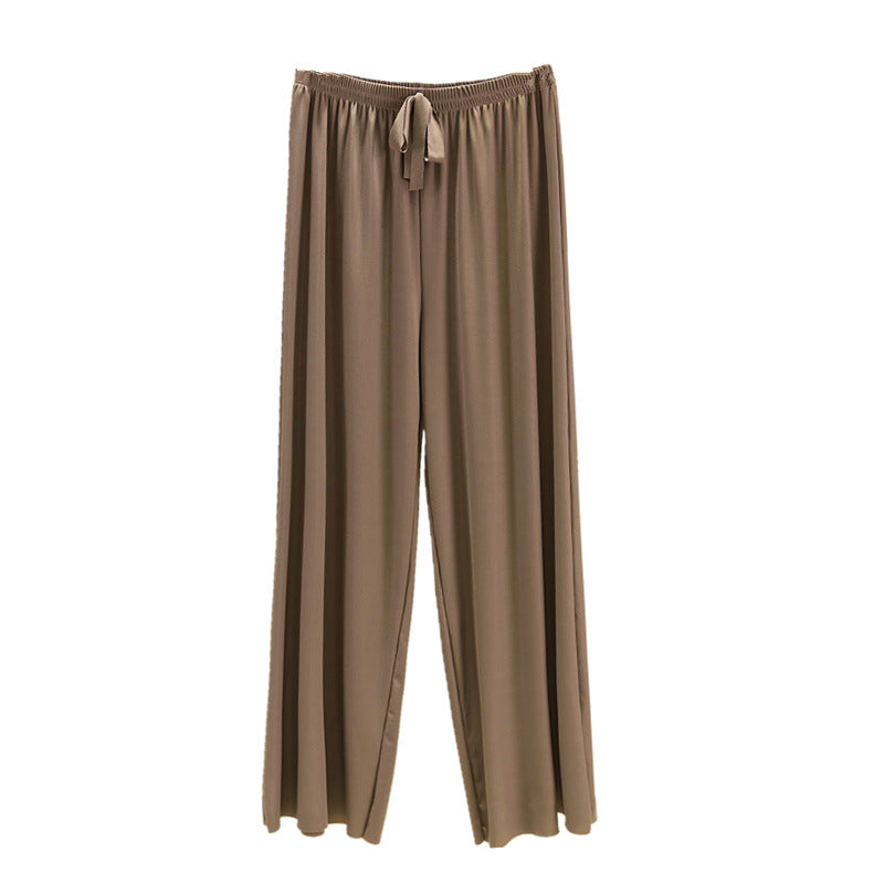Korean style high waist drawstring lace-up ice silk seamless straight slimming wide-leg pants summer thin draping casual trousers