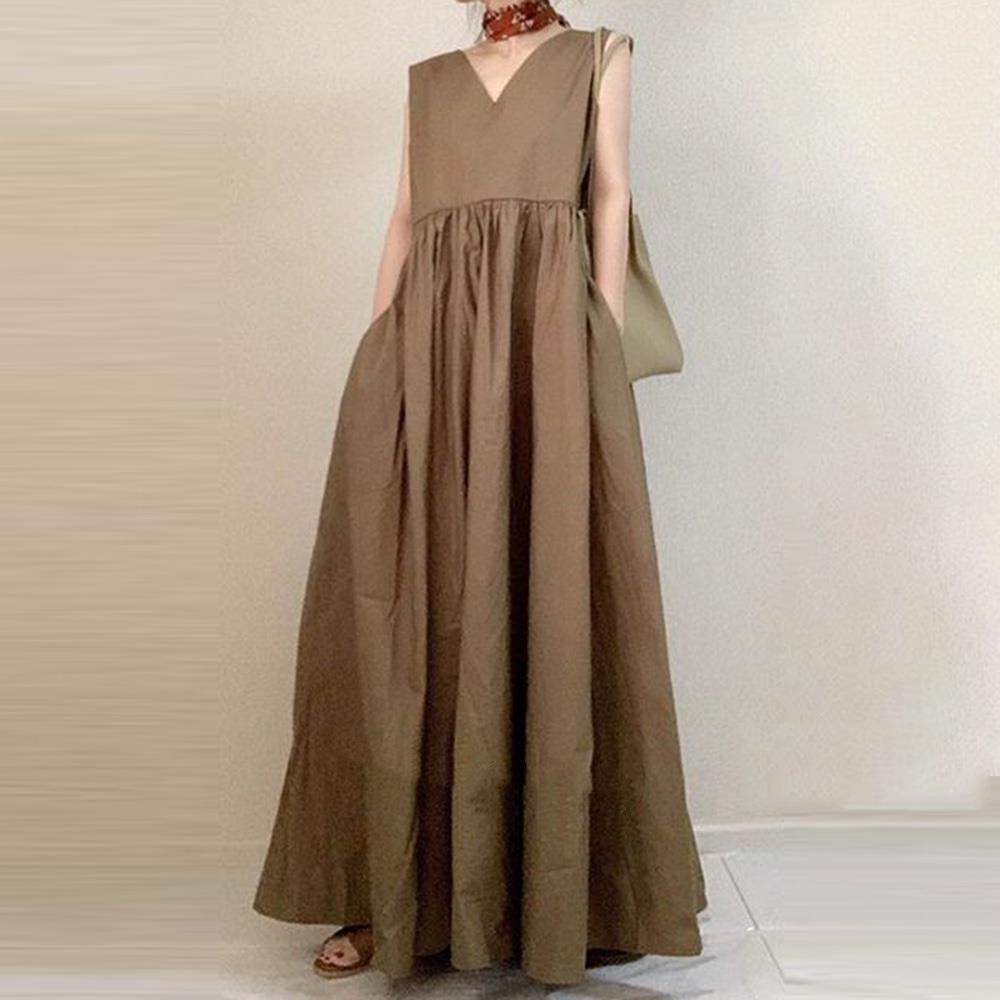 In-Stock Korean 2026 Season New Style Loose Sleeveless Dress with a Large Hem, Slimming Mid-Length Dress with Patchwork Design