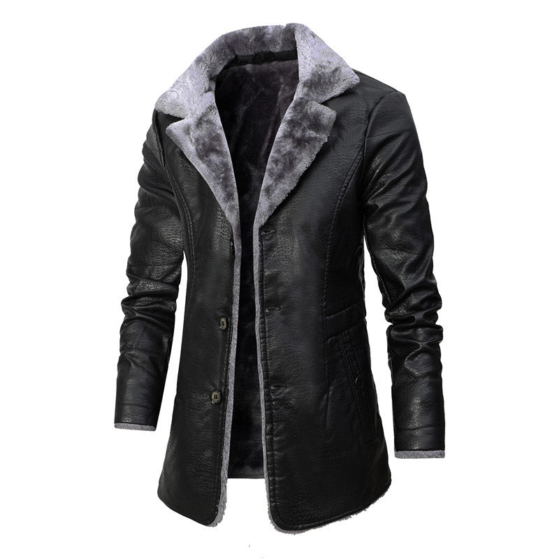 Men's Mid-Length Leather Jacket for Middle-Aged and Elderly People in Autumn and Winter Business European Size Plus Velvet Large Lapel Suit Leather Plush Jacket for Men