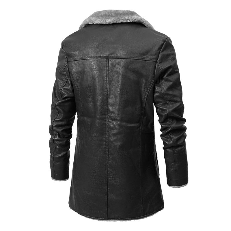 Men's Mid-Length Leather Jacket for Middle-Aged and Elderly People in Autumn and Winter Business European Size Plus Velvet Large Lapel Suit Leather Plush Jacket for Men