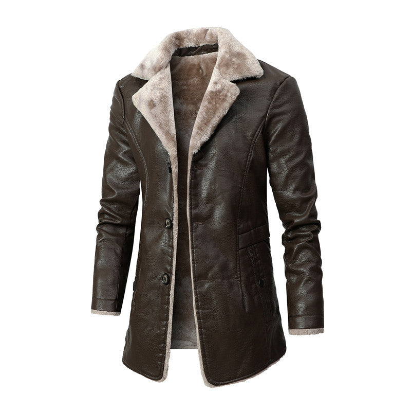 Men's Mid-Length Leather Jacket for Middle-Aged and Elderly People in Autumn and Winter Business European Size Plus Velvet Large Lapel Suit Leather Plush Jacket for Men